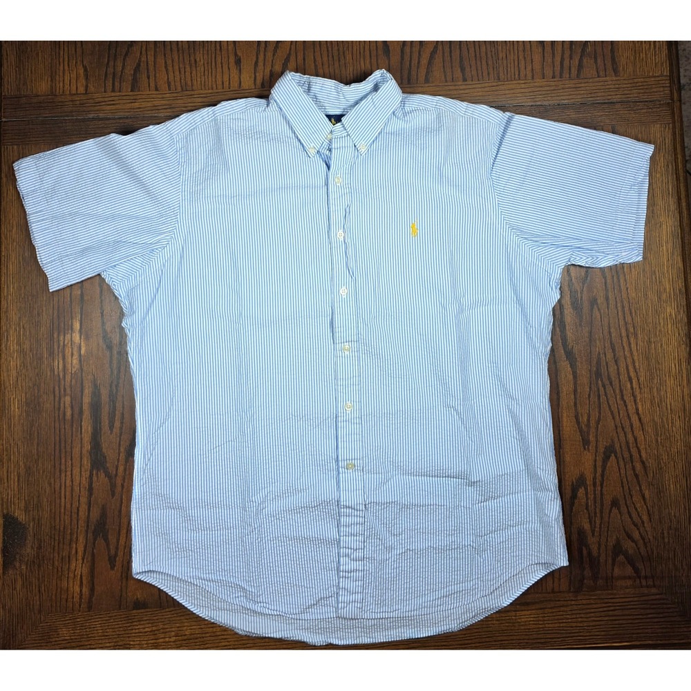 Polo Ralph Lauren Seersucker Shirt Mens XL Blue White Stripe Short Sleeve Top